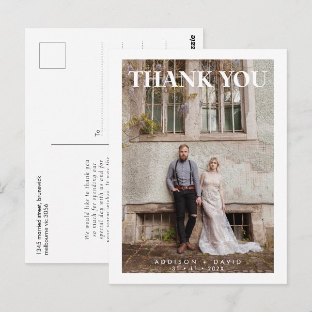 Postal Cartão de agradecimento de casamento com foto únic (Frente/Verso)