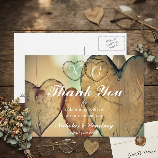 Postal Cartão de Agradecimento de Casamento Corações Rúst (Criador carregado)