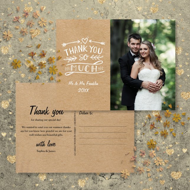 Postal Cartão de agradecimento de casamento rústico boho  (Rustic Kraft Boho Wedding Photo Thank You Postcard)