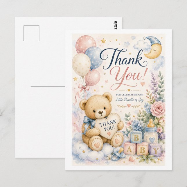 Postal Cartão de Agradecimento de Churrasco de Bebê Urso  (Frente/Verso)