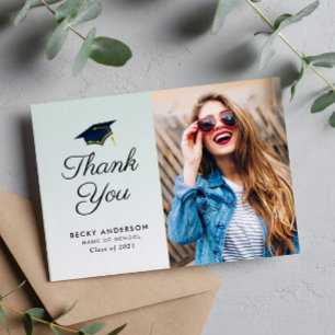 Postal Cartão de agradecimento de formatura com boné azul