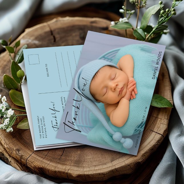 Postal Cartão de Agradecimento de Foto de Bebê Azul Elega (Criador carregado)