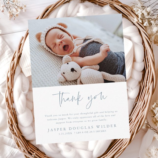 Postal Cartão de Agradecimento de Foto de Bebê Simples co (Minimal script baby photo thank you cards.)