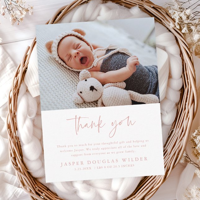 Postal Cartão de Agradecimento de Foto de Bebê Simples Es (Minimal script baby photo thank you cards.)