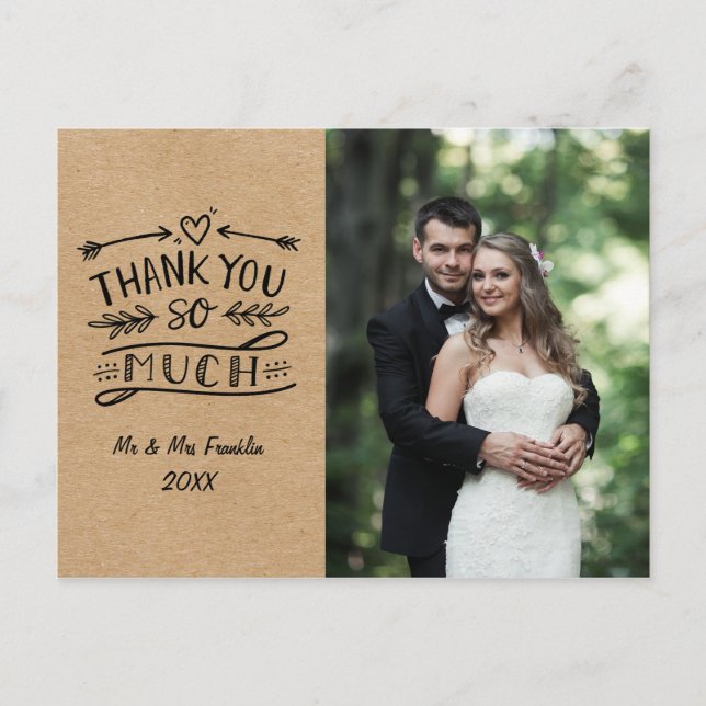 Postal Cartão de agradecimento de foto de casamento rústi (Frente)