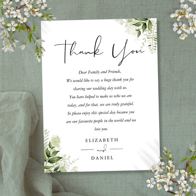 Postal Cartão de Agradecimento de Noivado com Folhagens F (Floral Greenery Thank You Wedding Place Card)