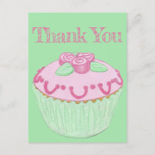 Postal Cartão de agradecimento do cupcake verde rosa