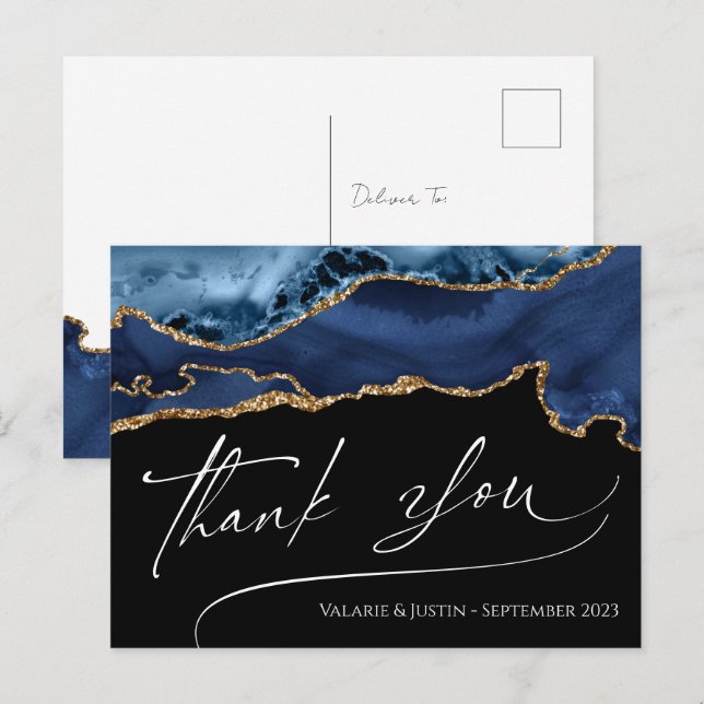 Postal Cartão de agradecimento Elegant Blue Agate (Frente/Verso)