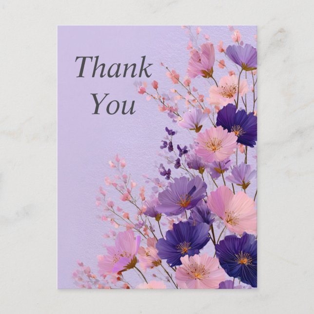 Postal Cartão de Agradecimento Flores Rosa e Roxo Fundo L (Frente)