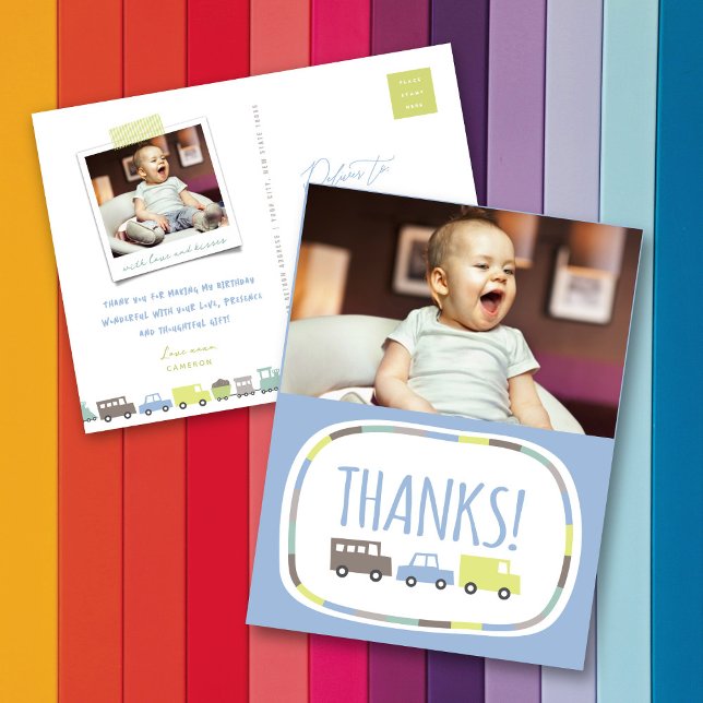 Postal Cartão de Agradecimento para Festa de Aniversário  (Boys Toys Pastel Blue Transport Kid's Birthday Party Photo Thank You Postcard by fatfatin @ Zazzle)