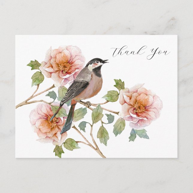 Postal Cartão de Agradecimento Pássaro nas Flores (Frente)