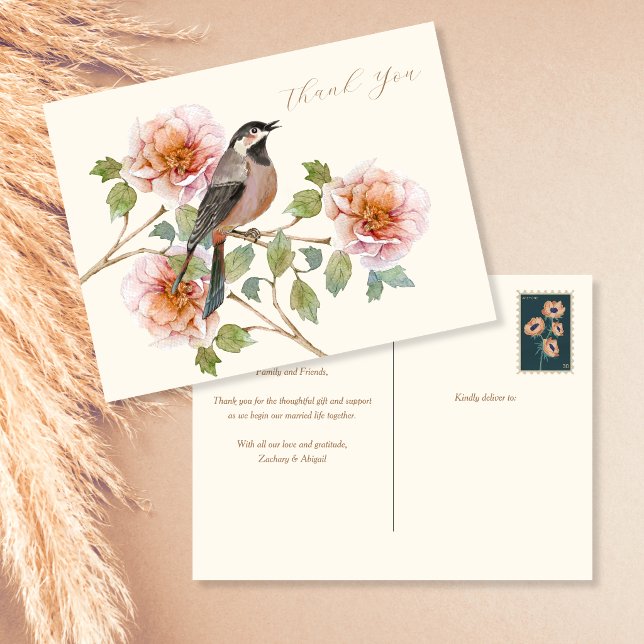 Postal Cartão de Agradecimento Pássaro nas Flores (Criador carregado)