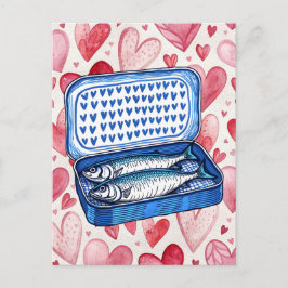Postal Cartão de Amor com Sardinhas Vintage e Corações em