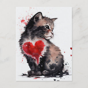 Postal Cartão de amor de gato e coração vermelho
