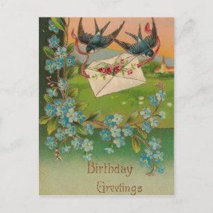 Postal Cartão de Aniversário Antigo Pássaros e Flores