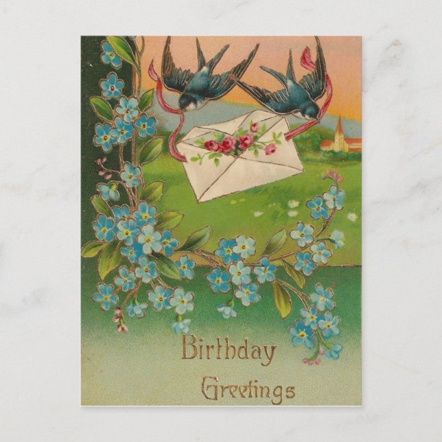 Postal Cartão de Aniversário Antigo Pássaros e Flores (Frente)