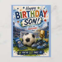cartão de aniversário azul vibrante com tema de fu