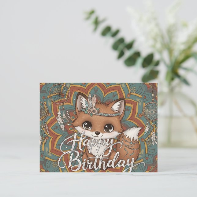 Postal Cartão de Aniversário Boho Fox Feliz Aniversário (Em pé/Frente)