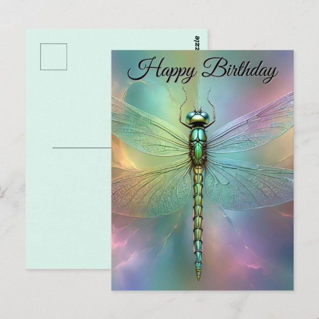 Postal Cartão de Aniversário com Arte Fractal de Libélula (Frente/Verso)
