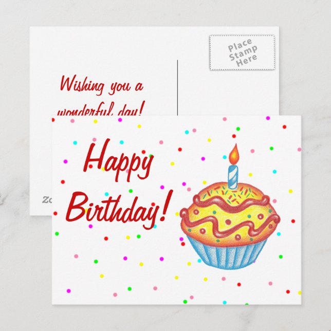 Postal Cartão de Aniversário com Bolo (Frente/Verso)