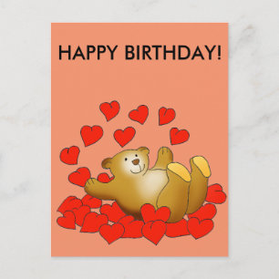Postal Cartão de aniversário com corações e um urso