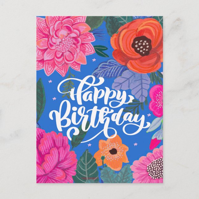 Postal Cartão de aniversário com estampa floral brilhante (Frente)