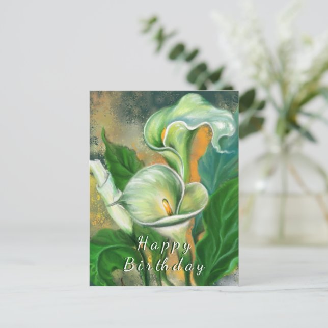 Postal Cartão de aniversário com Flores Calla Lily (Em pé/Frente)