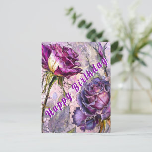 Postal Cartão de Aniversário com Rosas Roxas