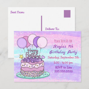 Postal Cartão de Aniversário da Menina Rosa e Púrp