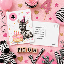 Cartão de aniversário de 4 anos para meninas Zebra
