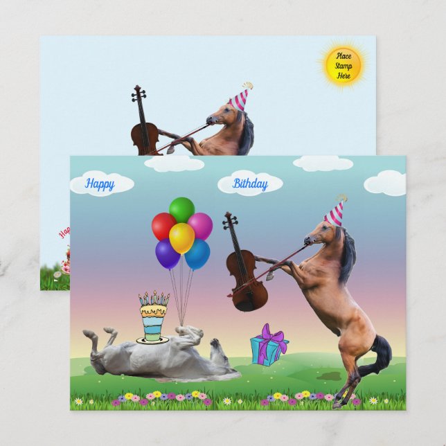 Postal Cartão de Aniversário de Cavalo Tocando Violino (Frente/Verso)