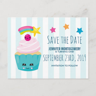 Postal Cartão de Aniversário de Cupcake Azul Fofo Salve a