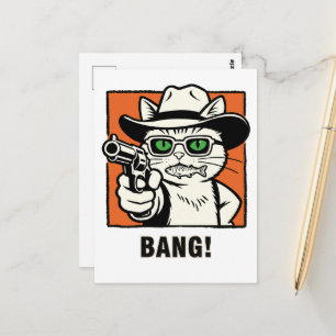 Postal Cartão de Aniversário do Gato Cowboy - 'BANG' Humo