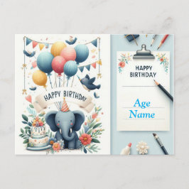 Postal Cartão de Aniversário Feliz de Elefante Bonito - B