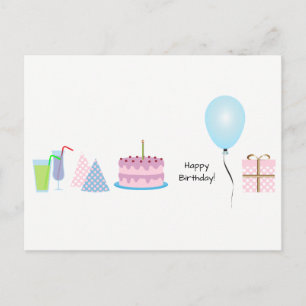 Postal Cartão de Aniversário Feliz - em rosa e azul