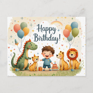 Postal Cartão de Aniversário Fofo com Animais e Menino