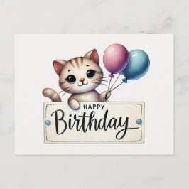 Postal Cartão de Aniversário Gato Adorável com Balões