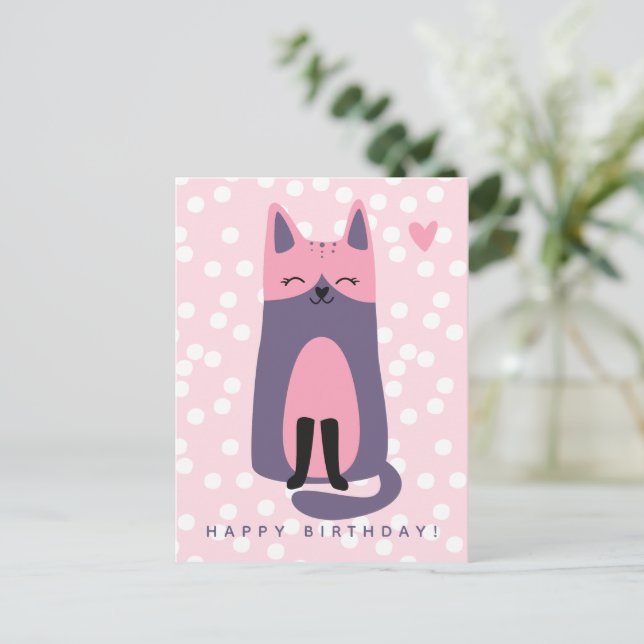 Postal Cartão de Aniversário Infantil de Gato Roxo e Rosa (Em pé/Frente)
