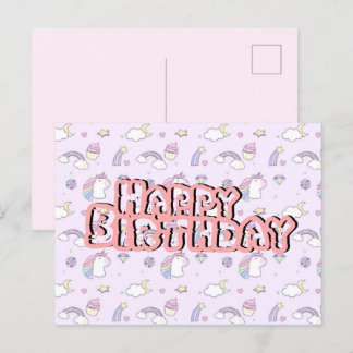 Postal Cartão de aniversário unicórnio fofo rosa