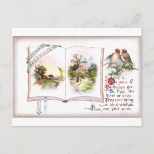 Postal Cartão de Aniversário Vintage de Livro e Aves