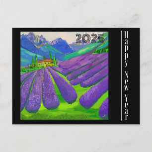 Postal Cartão de Ano Novo Campos de lavanda em frente à m