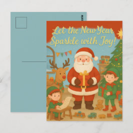 Postal Cartão de Ano Novo do Papai Noel e Elfos Fofo