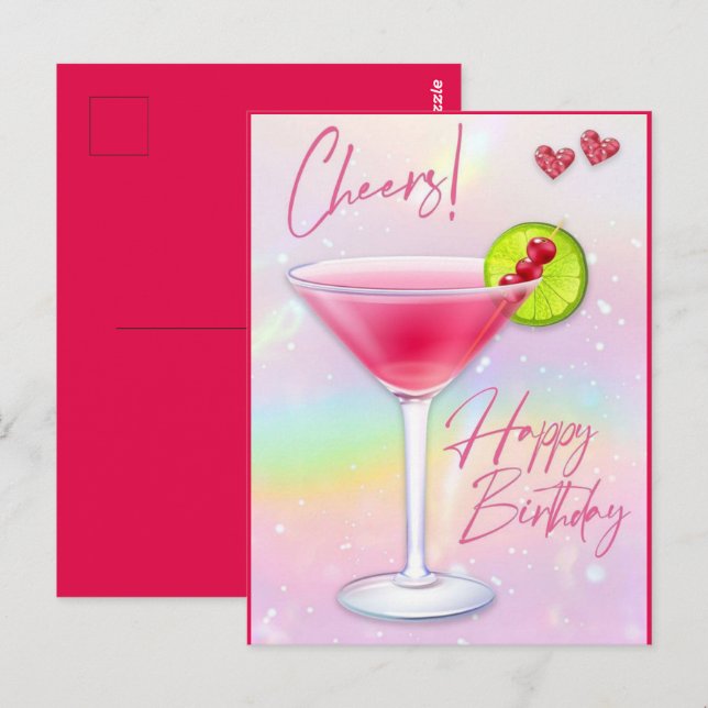 Postal Cartão de Boas Festas de Aniversário Pink Cheers (Frente/Verso)