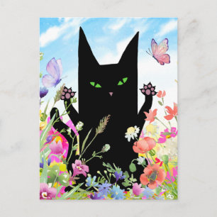 Postal Cartão de Boas Vindas da Primavera com Gato Preto: