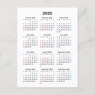 Postal Cartão de Calendário 2025: Início Domingo, Preto e
