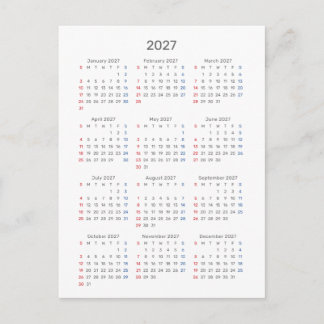 Postal Cartão de Calendário 2027: Início no Domingo, Pret
