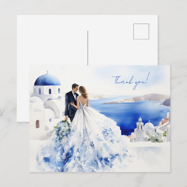 Postal Cartão de casamento com pintura aquosa de Santorin (Frente/Verso)