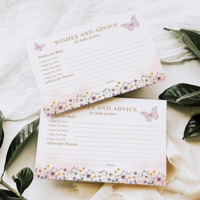 Postal Cartão de Chá de fraldas de Borboleta para Desejos (Wishes and Advice Butterfly and wildflower theme card)