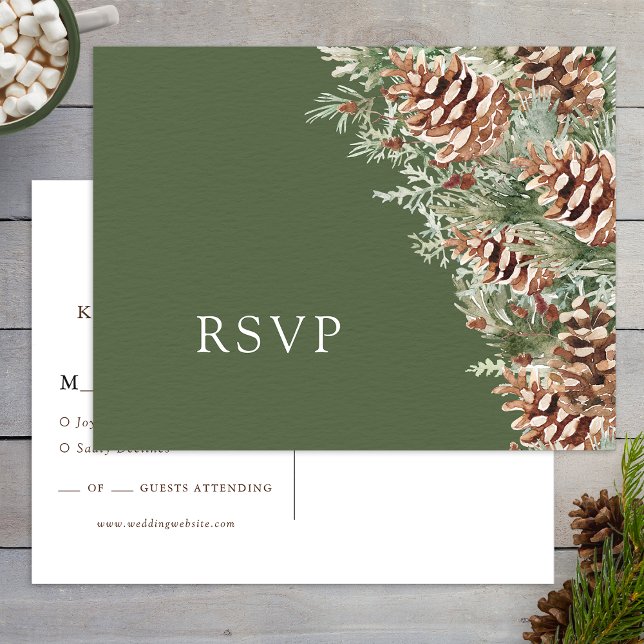 Postal Cartão de Confirmação de Presença de Casamento Boh (Green Boho Pinecone Evergreen RSVP Wedding Postcard by Painted Paperie
)
