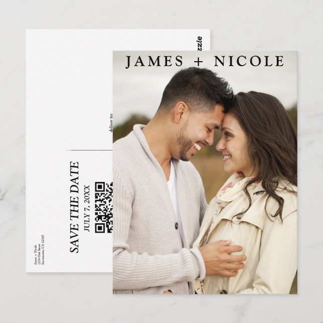 Postal Cartão de Data de Casamento com Código QR Escaneáv (Frente/Verso)